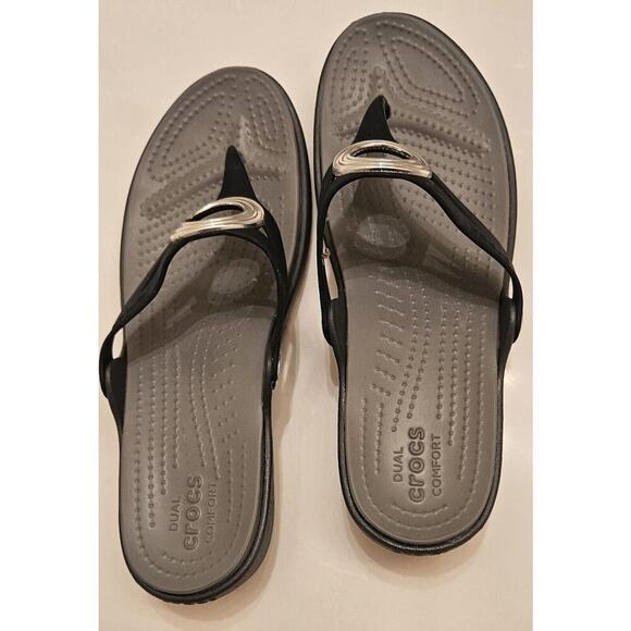 Crocs Sanrah 203342 Navy Blue w/ Silver Circle Wedge Slip on Thong Sandals Women - Picture 5 of 11
